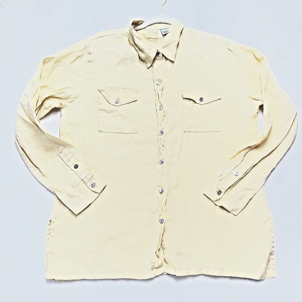 Lino by Chicos Linen Shirt Womens 2 (L/12) Yellow Button Up Resort Beach Travel